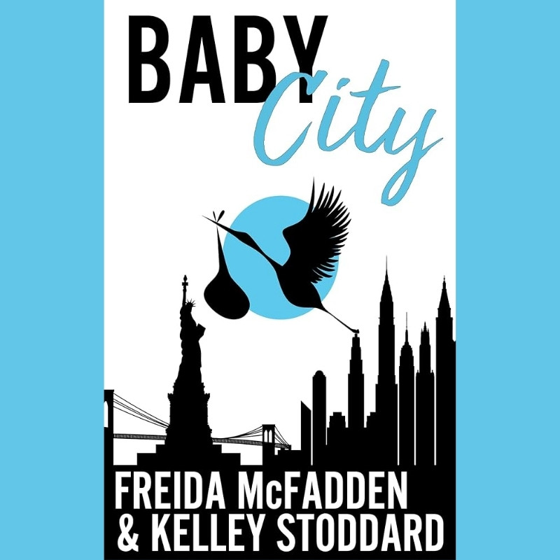 Illustrated city skyline with a stork carrying a baby bundle, representing a satirical take on urban parenting