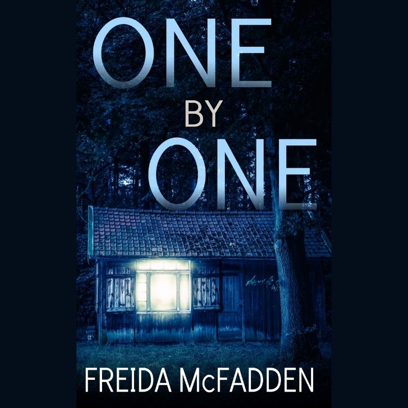 A secluded cabin in a dark forest glowing with eerie blue light, for the thriller One by One