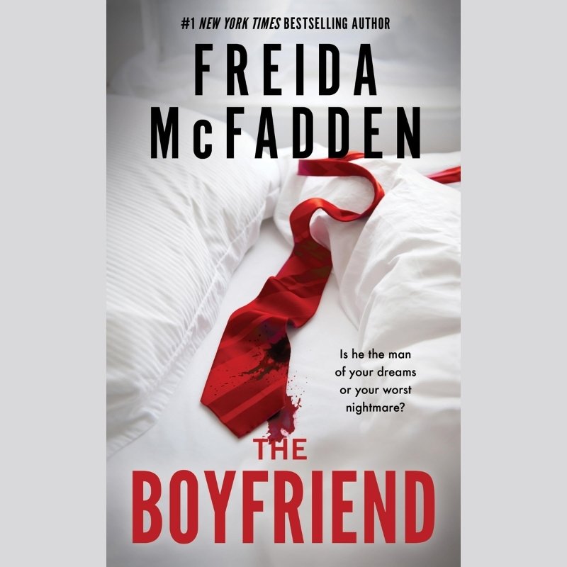 A red tie with blood on a white bedspread, teasing mystery and romance.