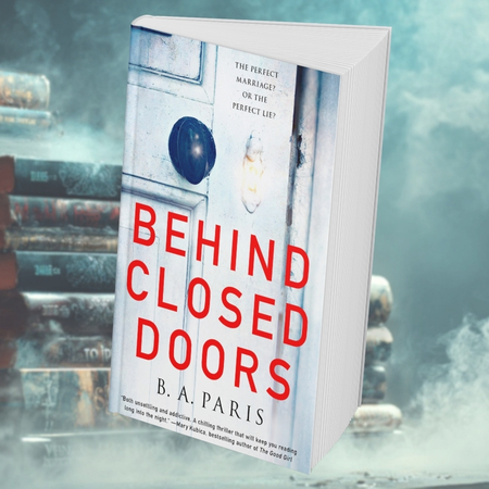 Book cover of Behind Closed Doors showing a white door with bold red title text