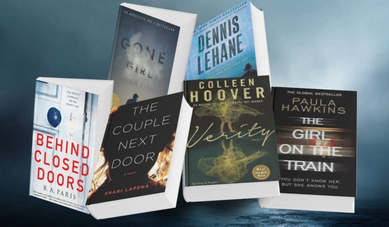 A collection of popular psychological thriller books including Gone Girl, Verity, The Girl on the Train, and Shutter Island