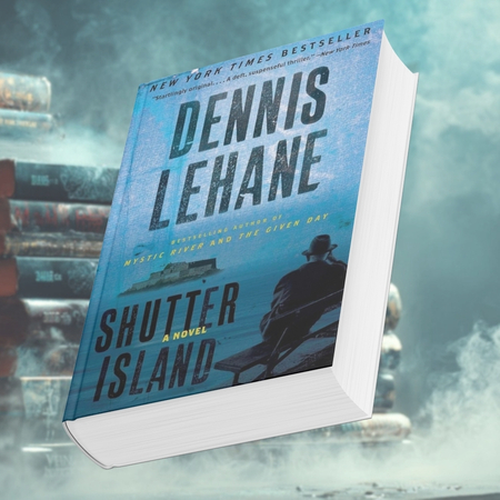 Book cover of Shutter Island showing a solitary figure sitting on a bench overlooking a misty island