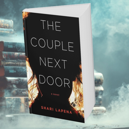 Book cover of The Couple Next Door with a dark background and blurred image of a woman’s face with flames