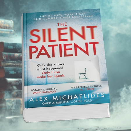 Book cover of The Silent Patient featuring a chair in a white room and bold red title