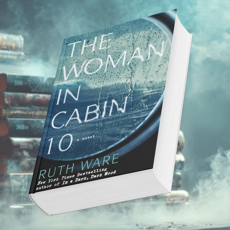 Book cover of The Woman in Cabin 10 showing a rain streaked window and ocean view