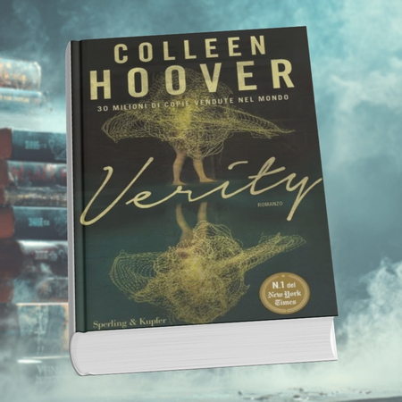 Book cover of Verity featuring a dark background with a golden abstract figure and mirrored design